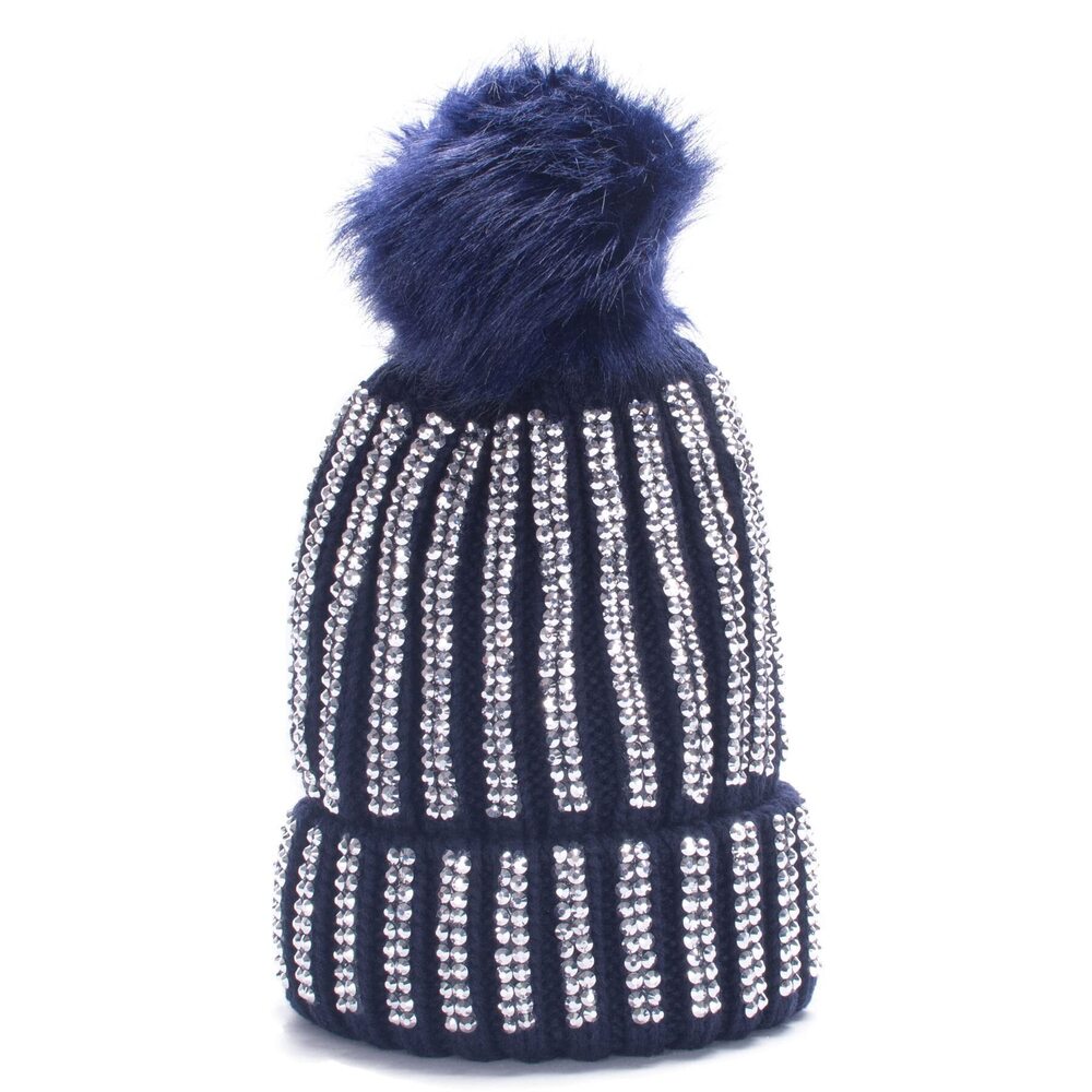 4369 Faux Fur Pom Pom Beanie Ski Hat Cap Slouchy Knit Warm A469Navy Blue
